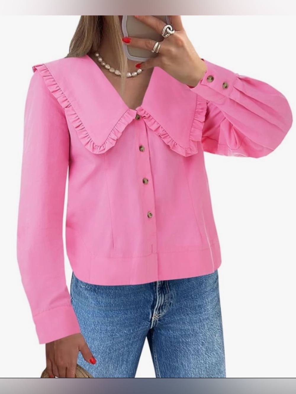 Cicy Bell Womens Button Down Shirt Long Sleeve Babydoll Pink Blouse NWOT Large